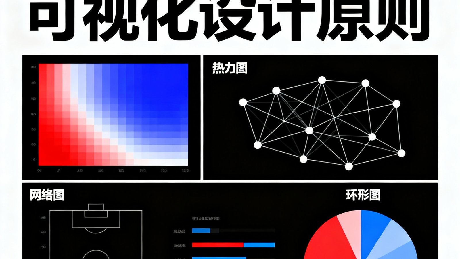 足球数据可视化设计原则文章封面，展示多种图表类型（热力图、网络图、环形图）的美学排版