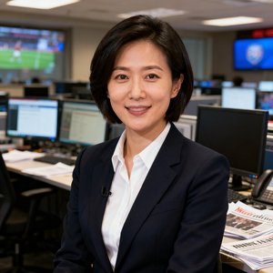 一位穿着职业装的女性体育媒体人头像，约35岁，背景是新闻编辑室，展现专业自信的形象